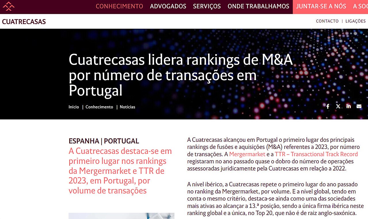 Cuatrecasas lidera rankings de M&A por nmero de transaes em Portugal